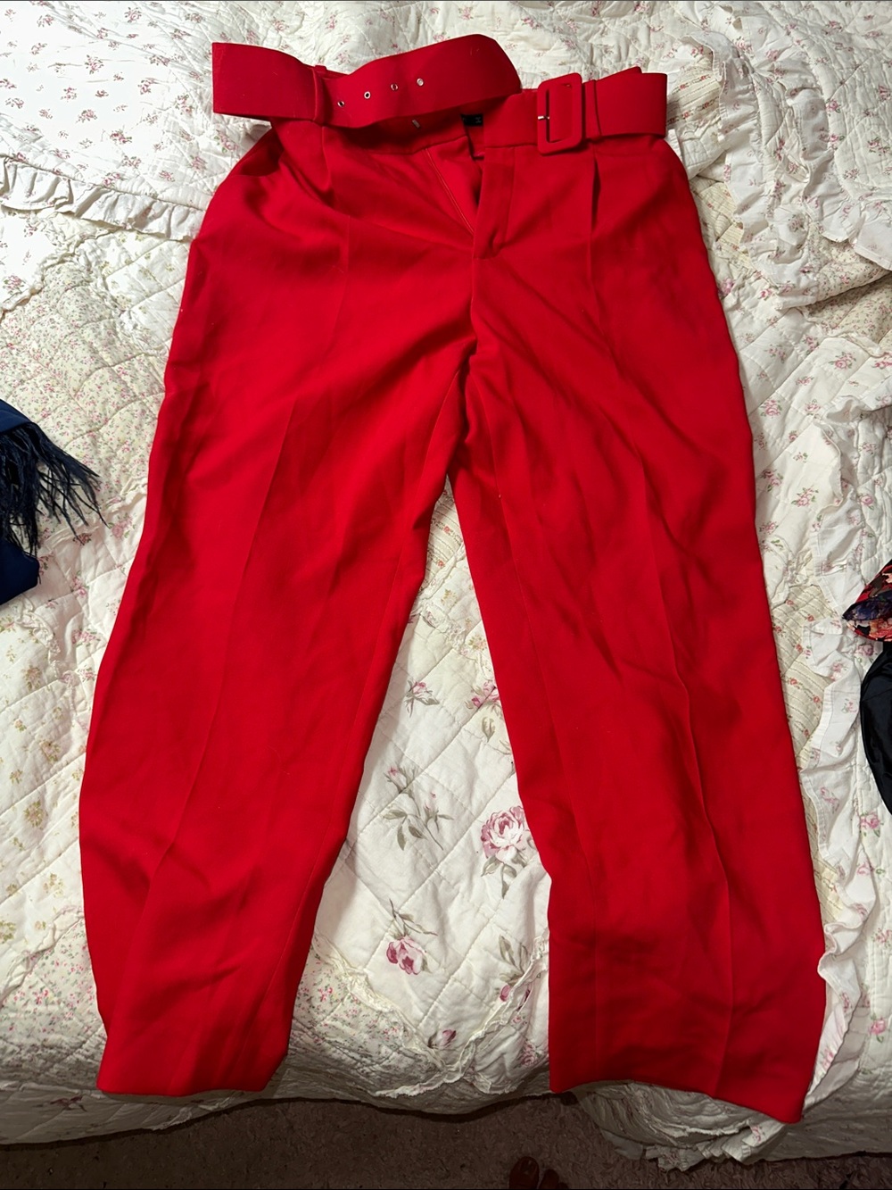 Red High-Waist Belted Trousers